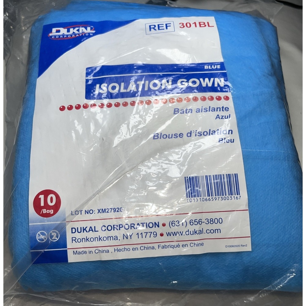 Dukal 301BL Isolation Gowns Universal Blue 10 Count Bag
